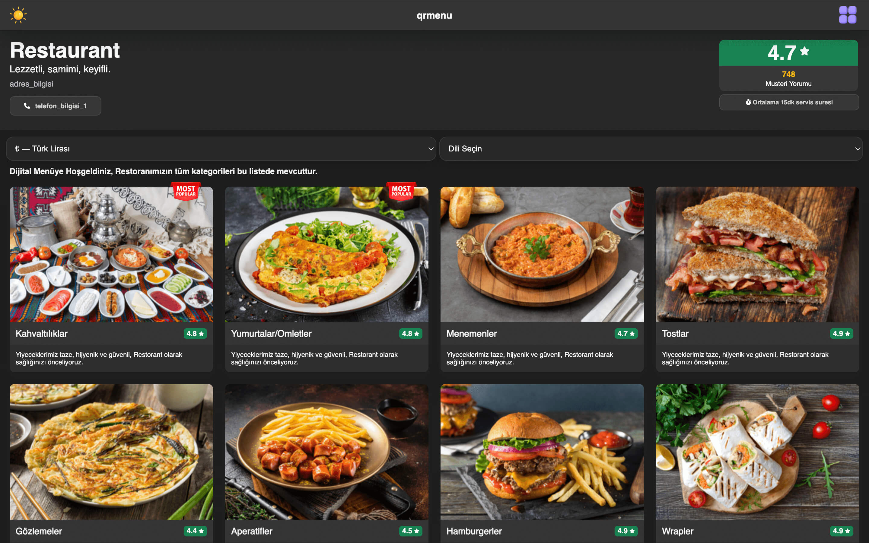 QR Menü bilgisayar görünümü